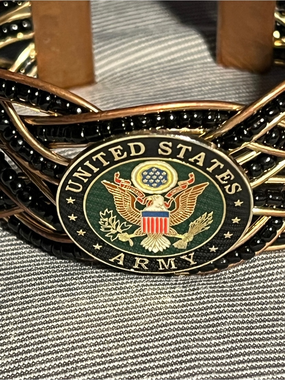 United States Army Black Beaded Gold Tone Cuff Bracelet Patriotic Military Jewel